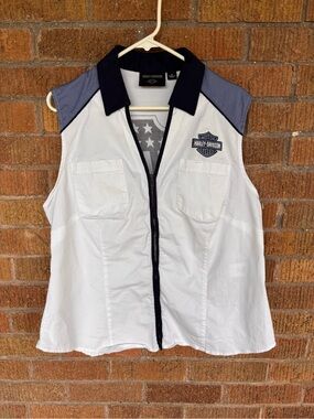 Harley-Davidson Womens Liberty Sleeveless Zip Shirt White Blue Sz 1X Cotton